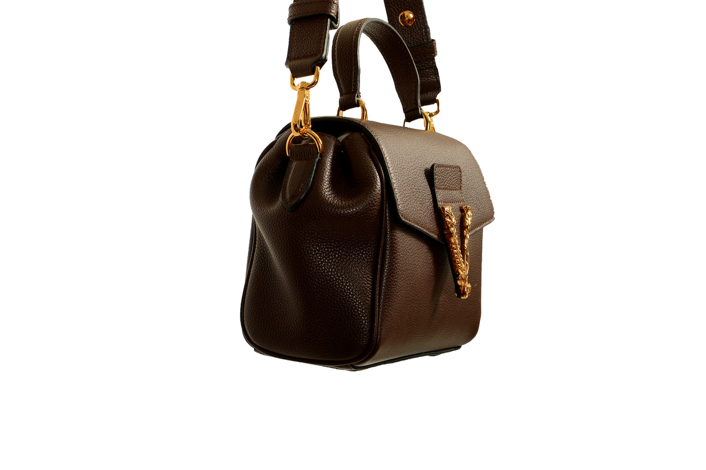 Versace Women's Brown Grainy Leather Gold V Logo Satchel Handbag Shoulder Bag