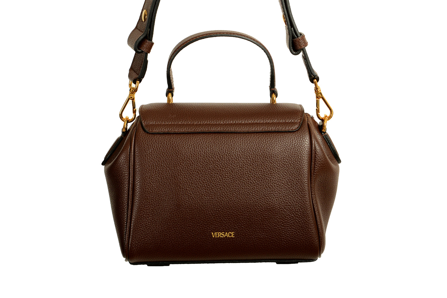 Versace Women's Brown Grainy Leather Gold V Logo Satchel Handbag Shoulder Bag