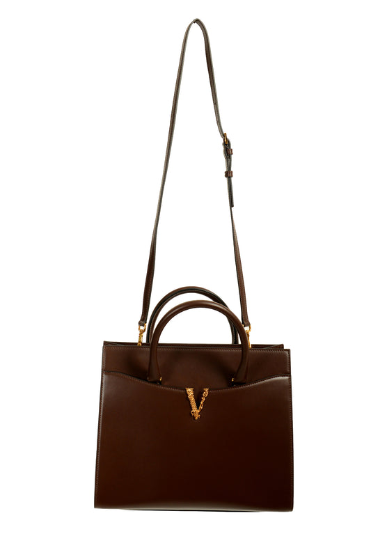 Versace Women's Chocolate Brown Leather Gold V Logo Satchel Handbag Shoulder Bag