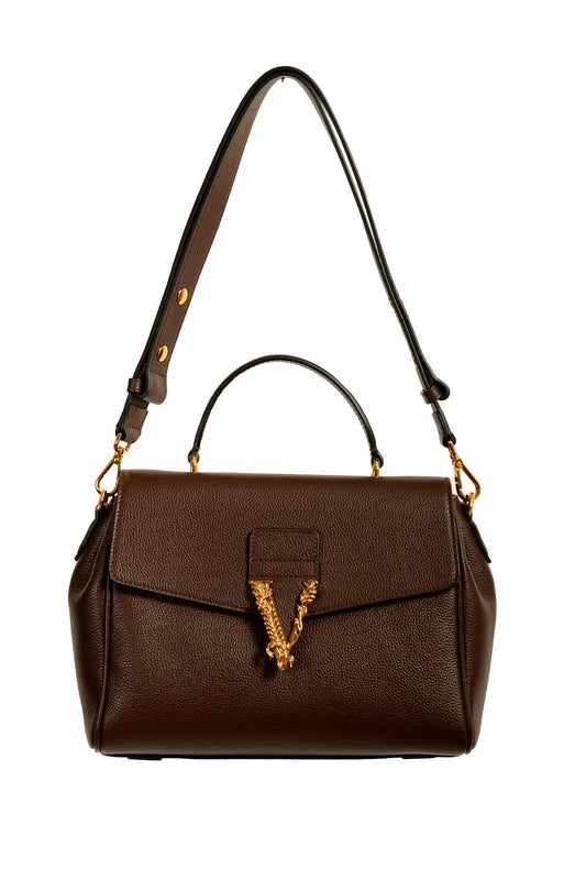 Versace Women's Brown Grainy Leather Gold V Logo Satchel Handbag Shoulder Bag