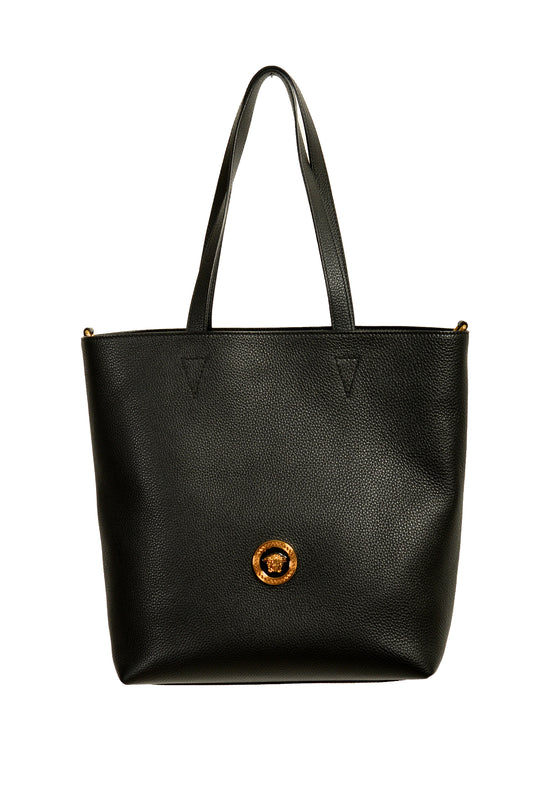 Versace Black Grainy Leather Gold Medusa Tote Handbag Shoulder Bag