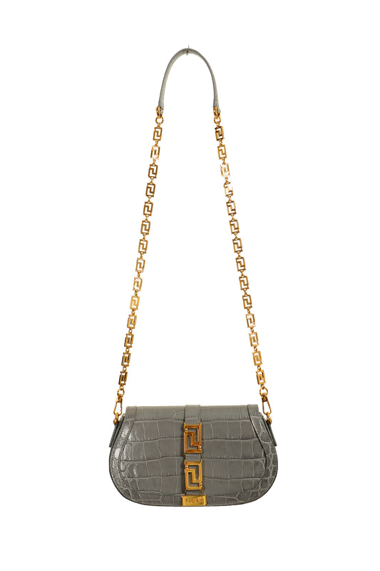 Versace Women's Gray Croc Print Leather Greca Goddess Handbag Shoulder Bag