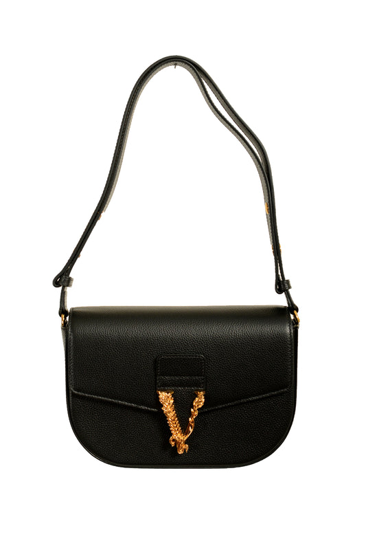 Versace Women's Black Grainy Leather Gold V Logo Handbag Shoulder Bag