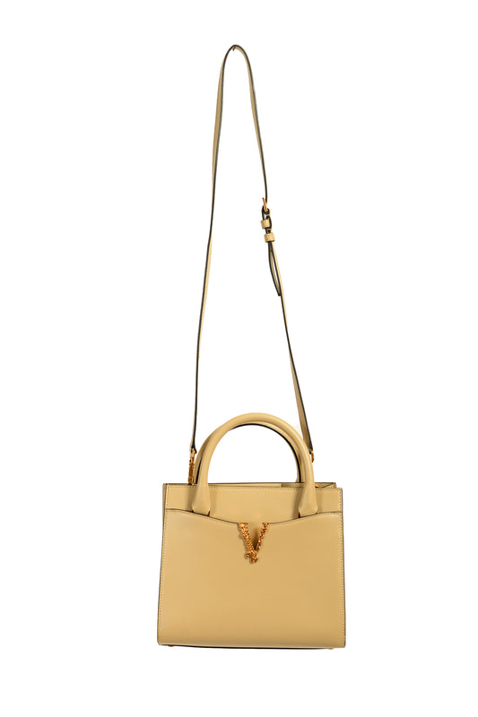 Versace Women's Beige Leather Gold V Logo Satchel Handbag Shoulder Bag