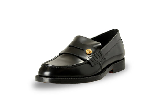 Versace Women's Black 100% Polished Leather College Loafers Shoes US 7.5 IT 37.5