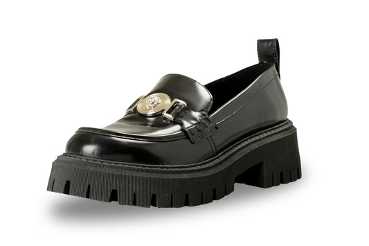 Versace Women's Black 100% Leather Silver Medusa Head Loafers Shoes US 9 IT 39