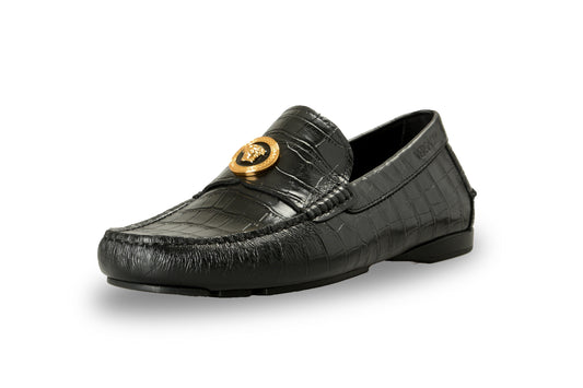 Versace Men's Black Leather Croc Print Medusa Driver Loafers Shoes US 8 IT 41