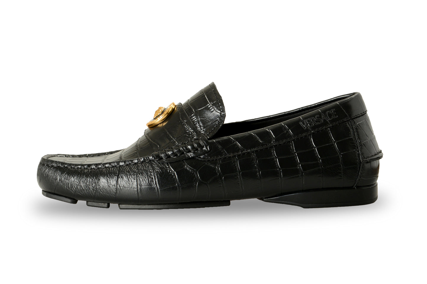 Versace Men's Black Leather Croc Print Medusa Driver Loafers Shoes US 8 IT 41