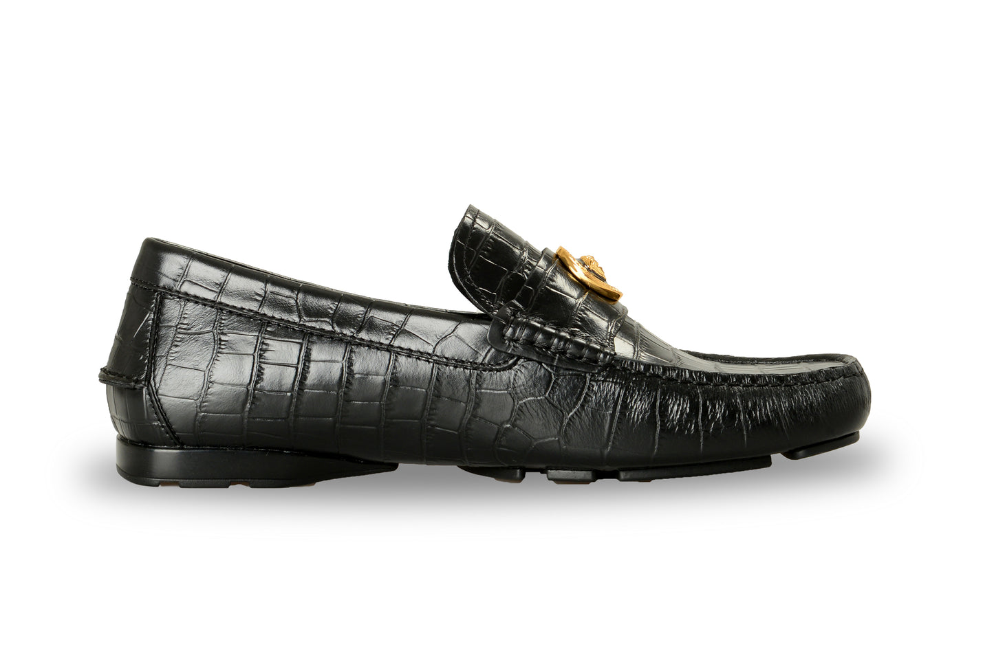 Versace Men's Black Leather Croc Print Medusa Driver Loafers Shoes US 8 IT 41