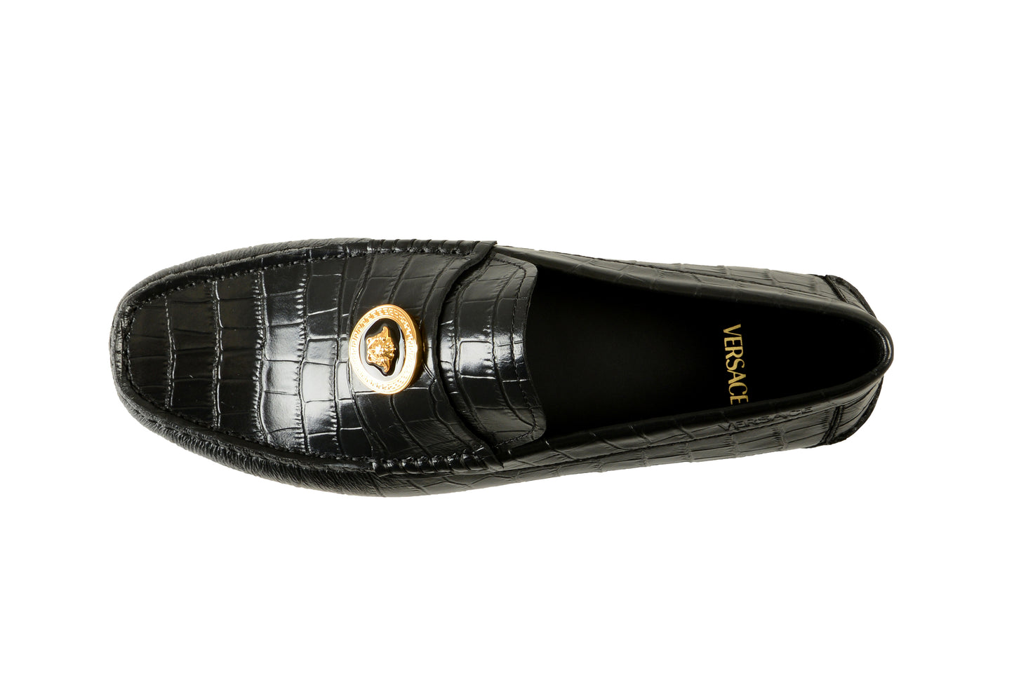 Versace Men's Black Leather Croc Print Medusa Driver Loafers Shoes US 8 IT 41
