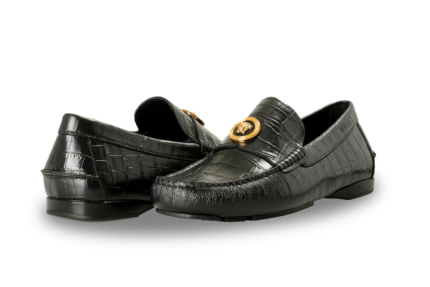 Versace Men's Black Leather Croc Print Medusa Driver Loafers Shoes US 8 IT 41