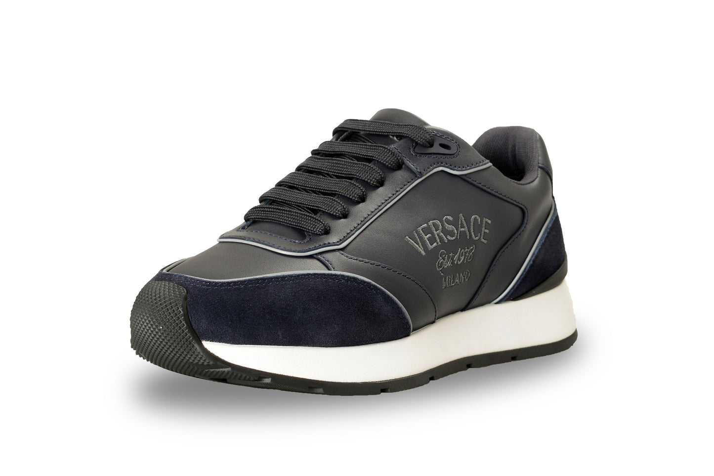 Versace Men's Blue Leather Suede Logo Embroidery Sneakers Shoes US 12 IT 45