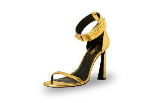 Versace Women's Gold 100% Leather Croc Print Sandals Shoes US 5 IT 35