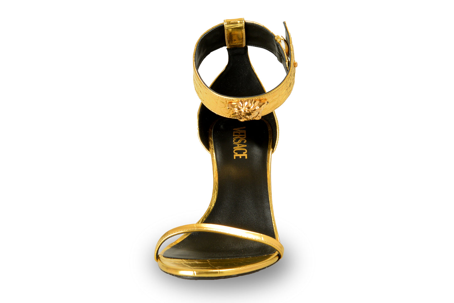 Versace Women's Gold 100% Leather Croc Print Sandals Shoes US 5 IT 35