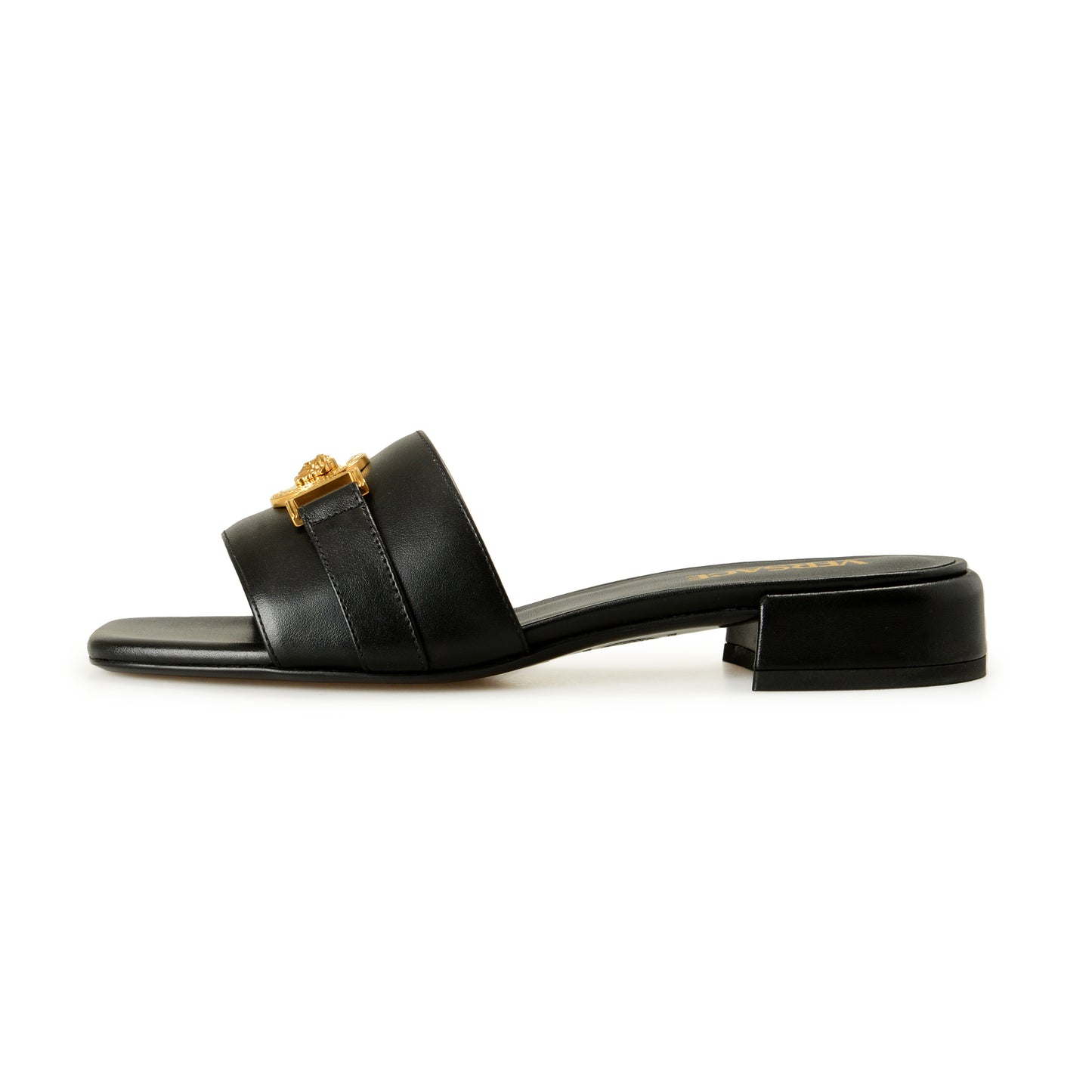 Versace Women's Black Leather Gold Color Medusa Sandals Mules Shoes US 8 IT 38