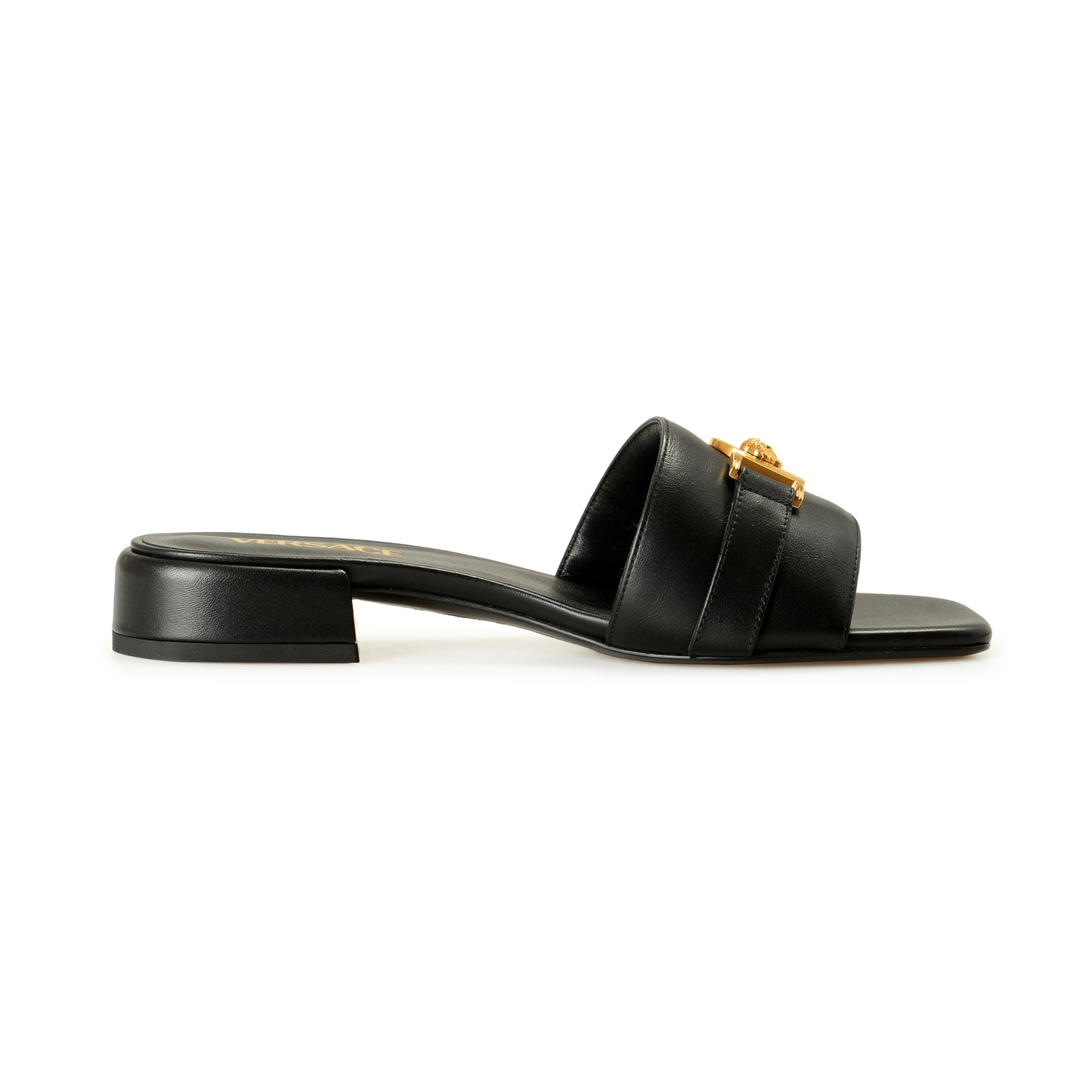 Versace Women's Black Leather Gold Color Medusa Sandals Mules Shoes US 8 IT 38