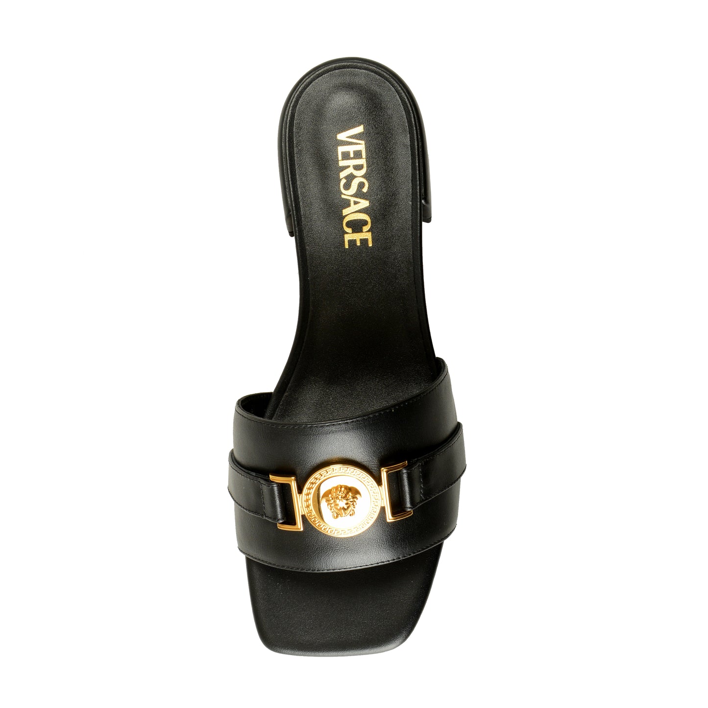 Versace Women's Black Leather Gold Color Medusa Sandals Mules Shoes US 8 IT 38