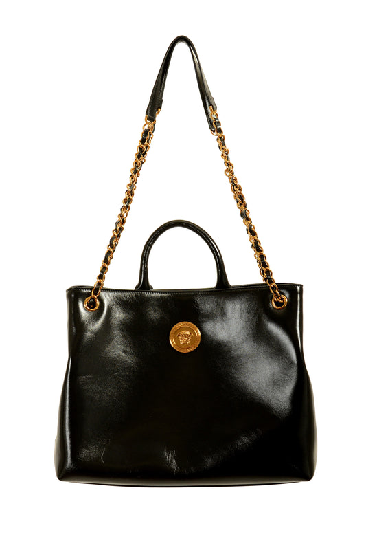 Versace Black 100% Leather Gold Medusa Logo Tote Handbag Shoulder Bag