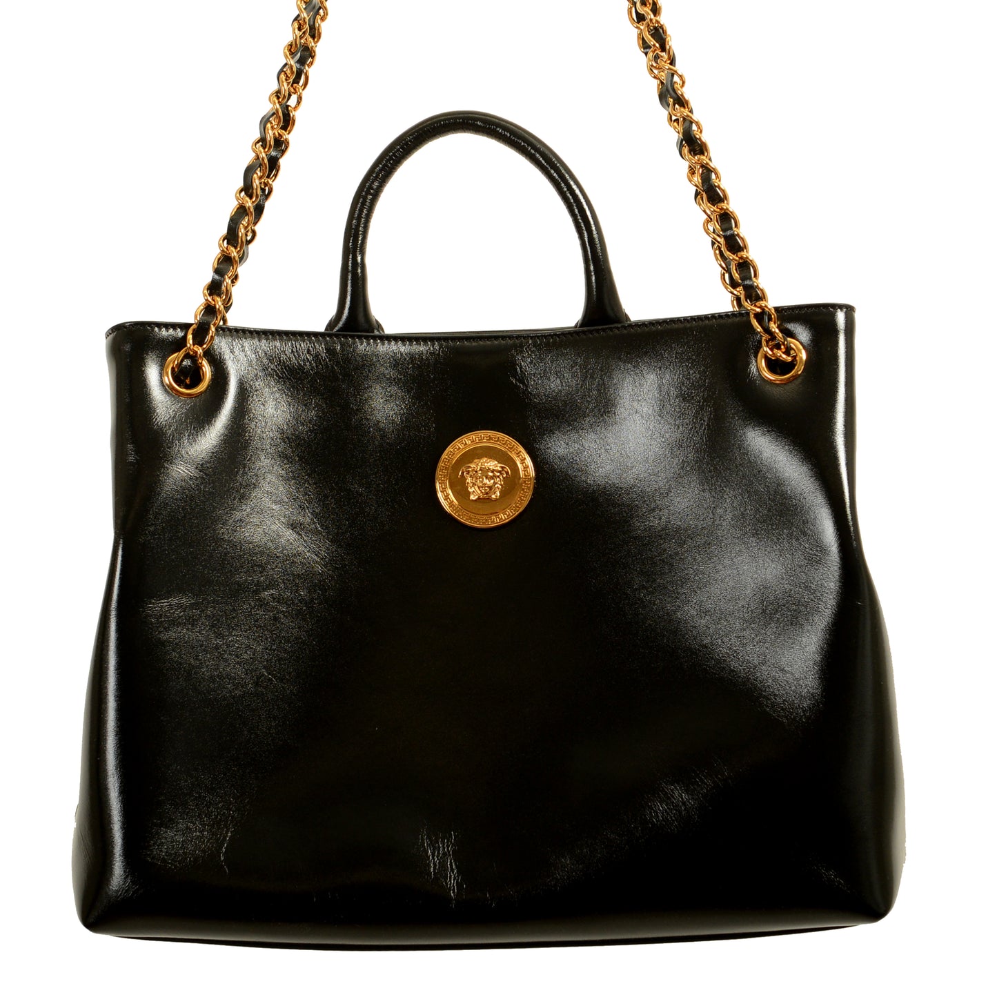 Versace Black 100% Leather Gold Medusa Logo Tote Handbag Shoulder Bag
