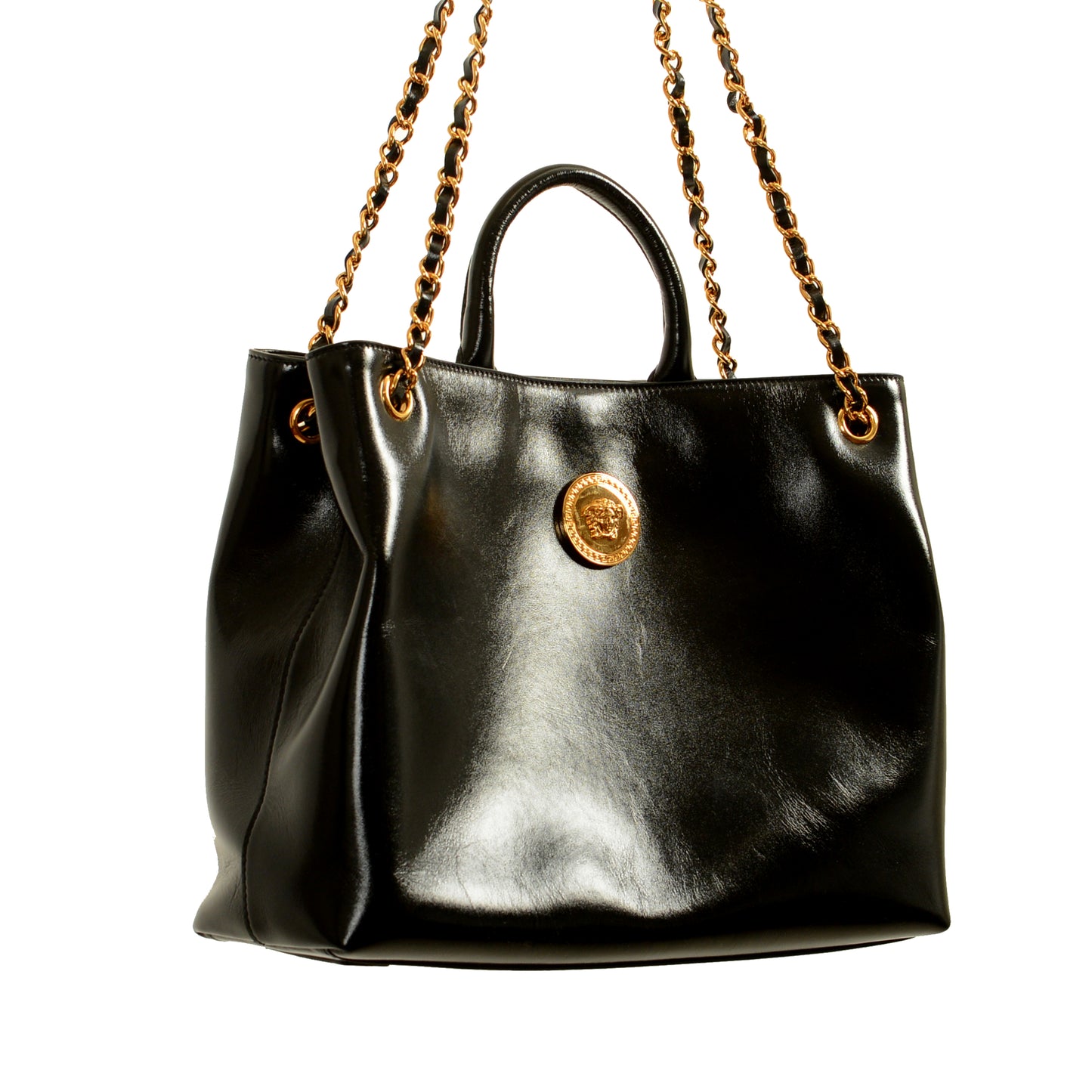 Versace Black 100% Leather Gold Medusa Logo Tote Handbag Shoulder Bag