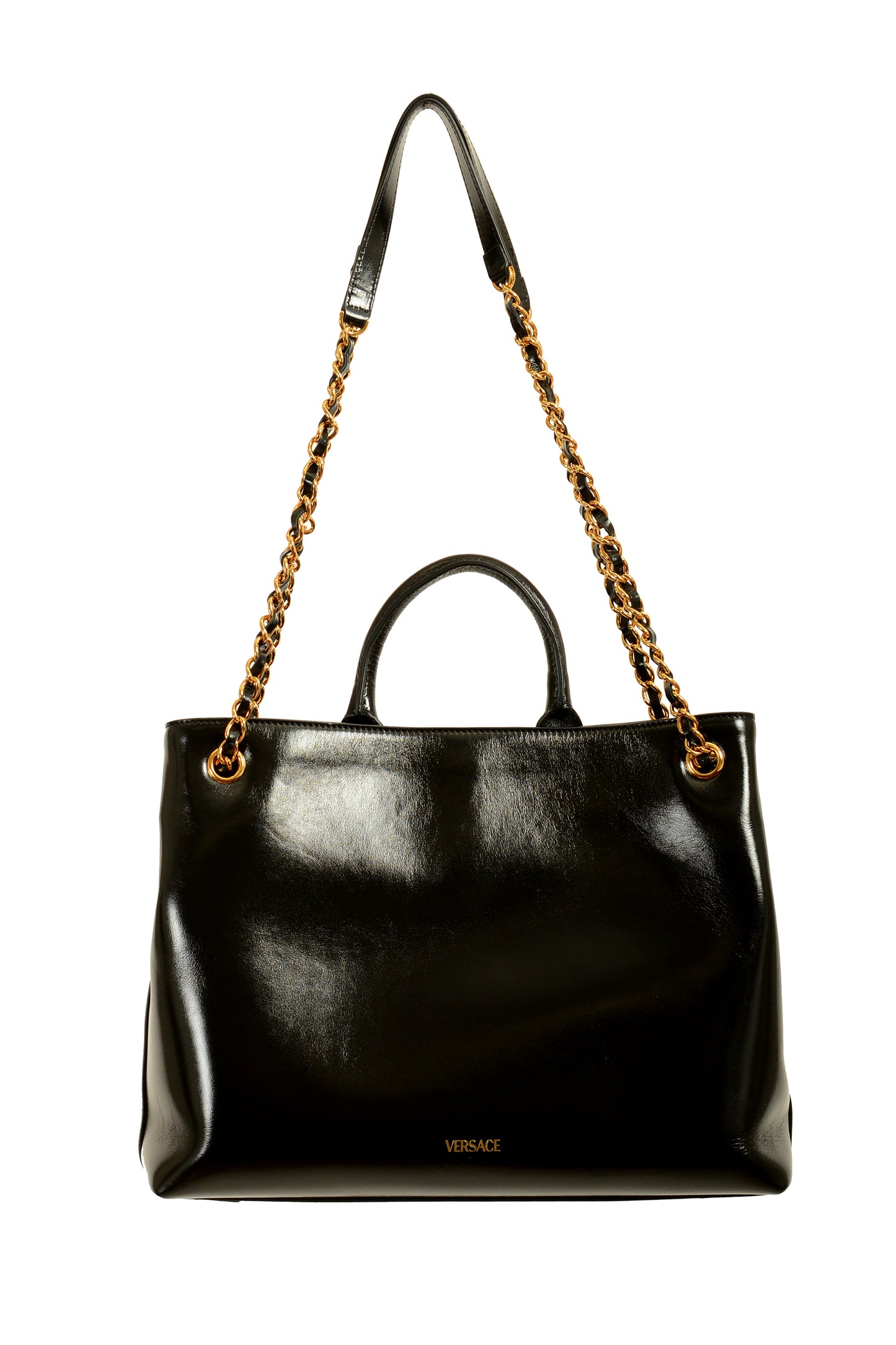 Versace Black 100% Leather Gold Medusa Logo Tote Handbag Shoulder Bag