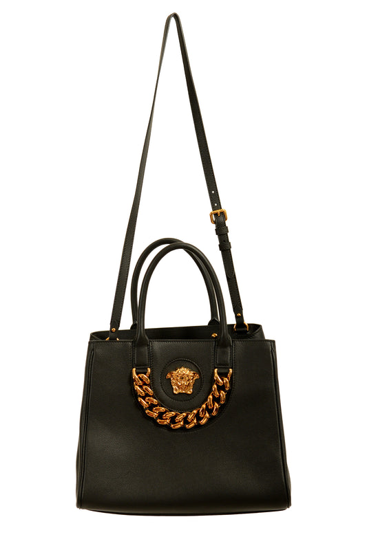 Versace Black 100% Pebbled Leather Gold Medusa Logo Tote Handbag Shoulder Bag