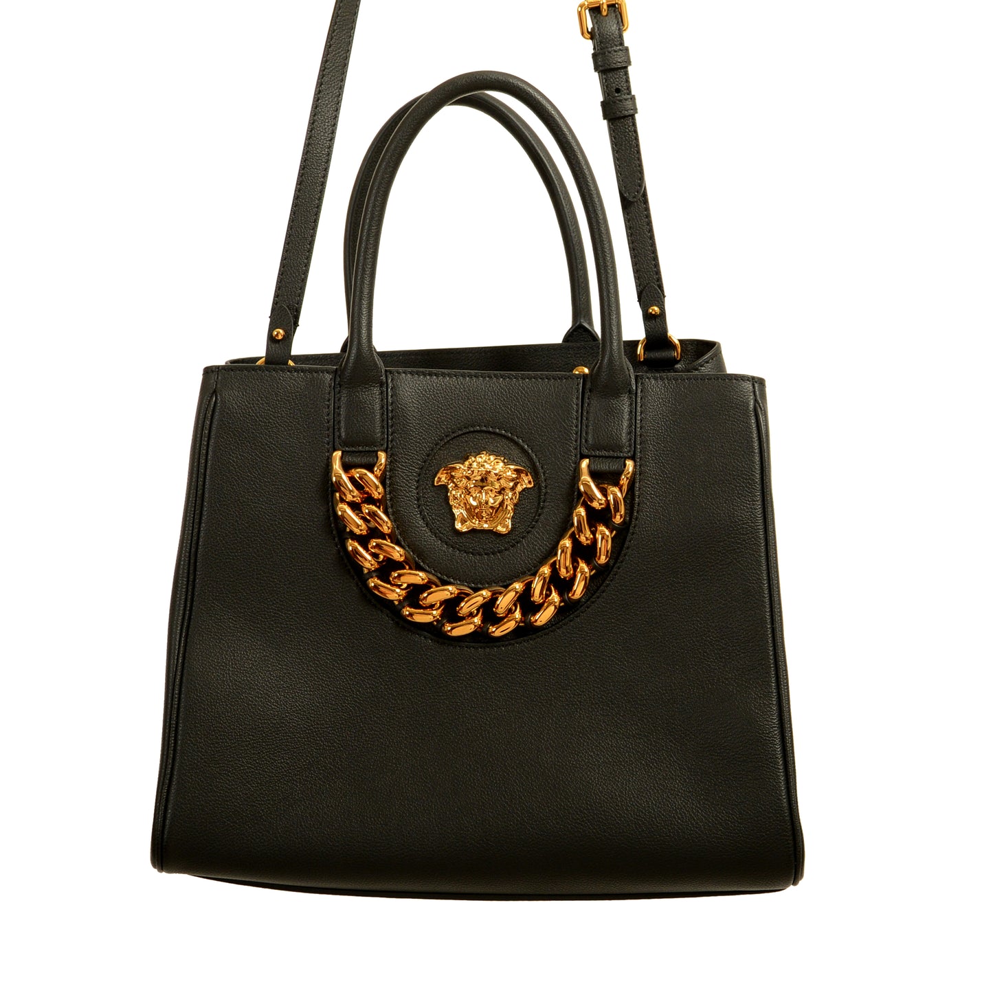 Versace Black 100% Pebbled Leather Gold Medusa Logo Tote Handbag Shoulder Bag