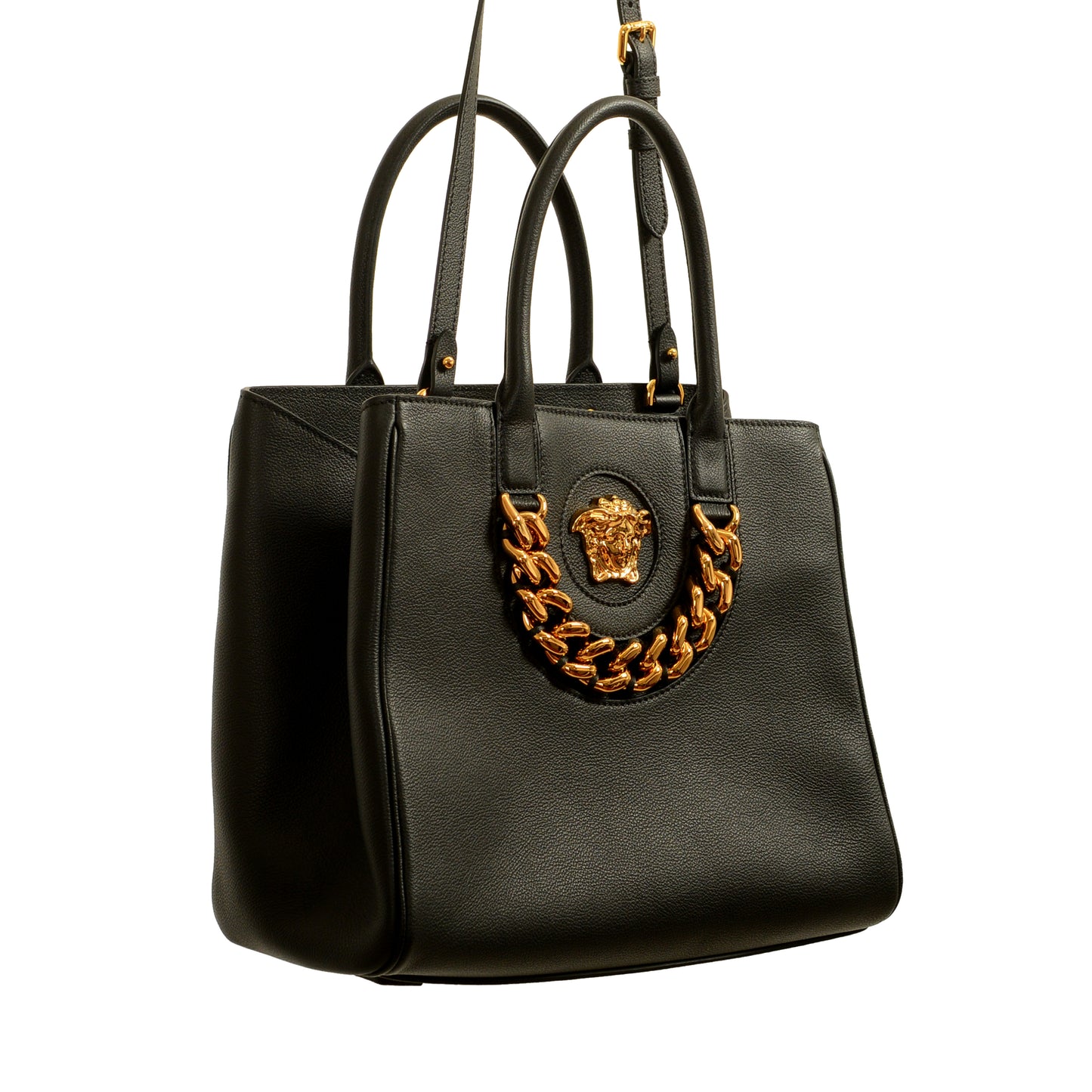 Versace Black 100% Pebbled Leather Gold Medusa Logo Tote Handbag Shoulder Bag
