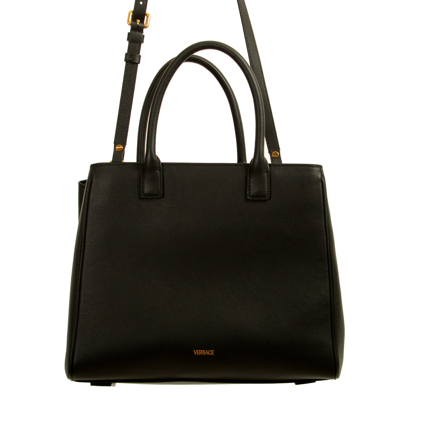 Versace Black 100% Pebbled Leather Gold Medusa Logo Tote Handbag Shoulder Bag