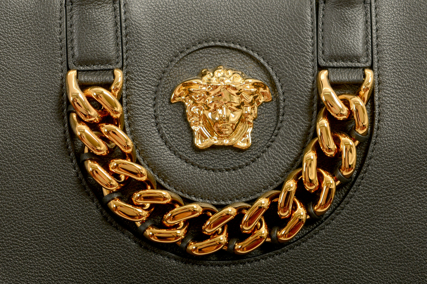 Versace Black 100% Pebbled Leather Gold Medusa Logo Tote Handbag Shoulder Bag