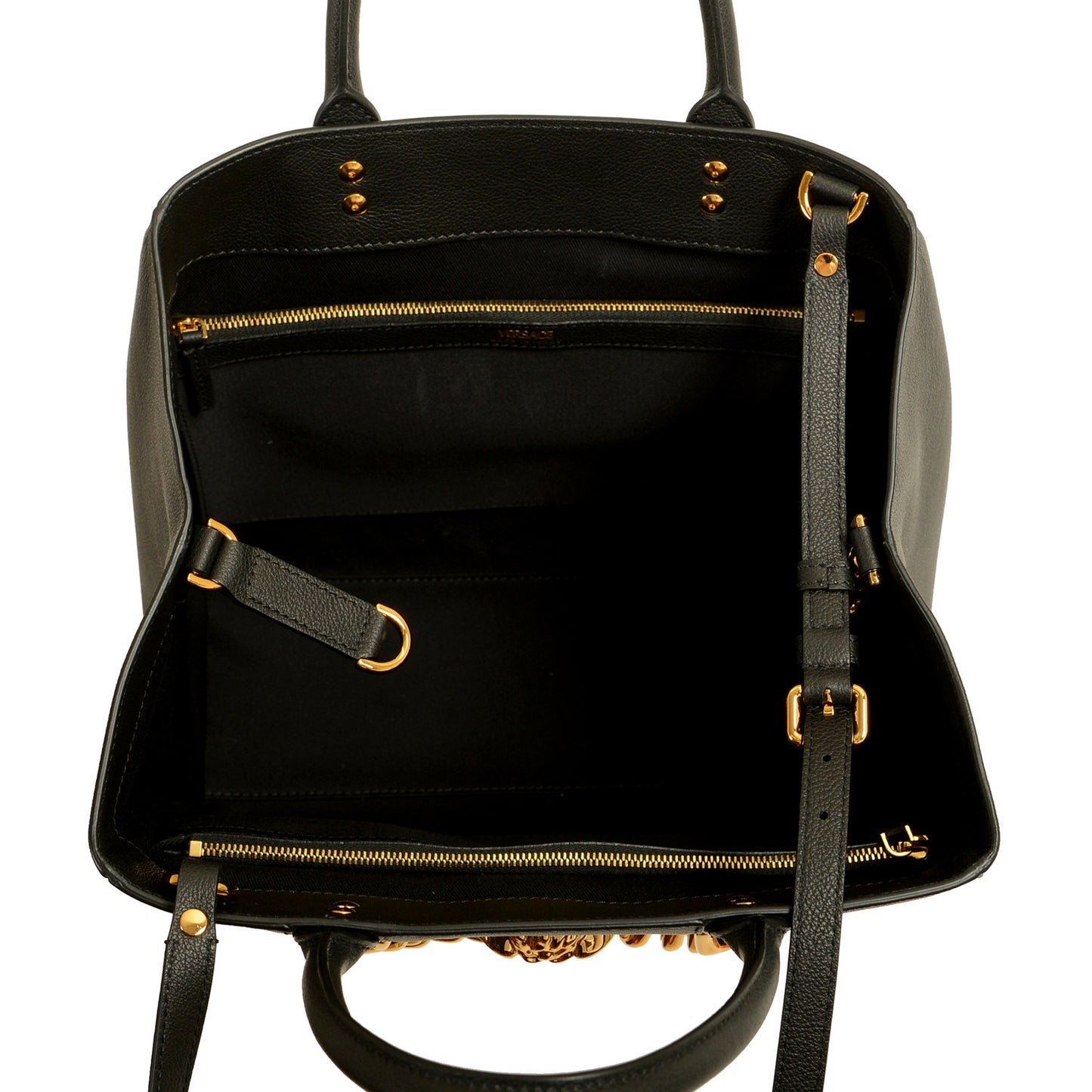 Versace Black 100% Pebbled Leather Gold Medusa Logo Tote Handbag Shoulder Bag