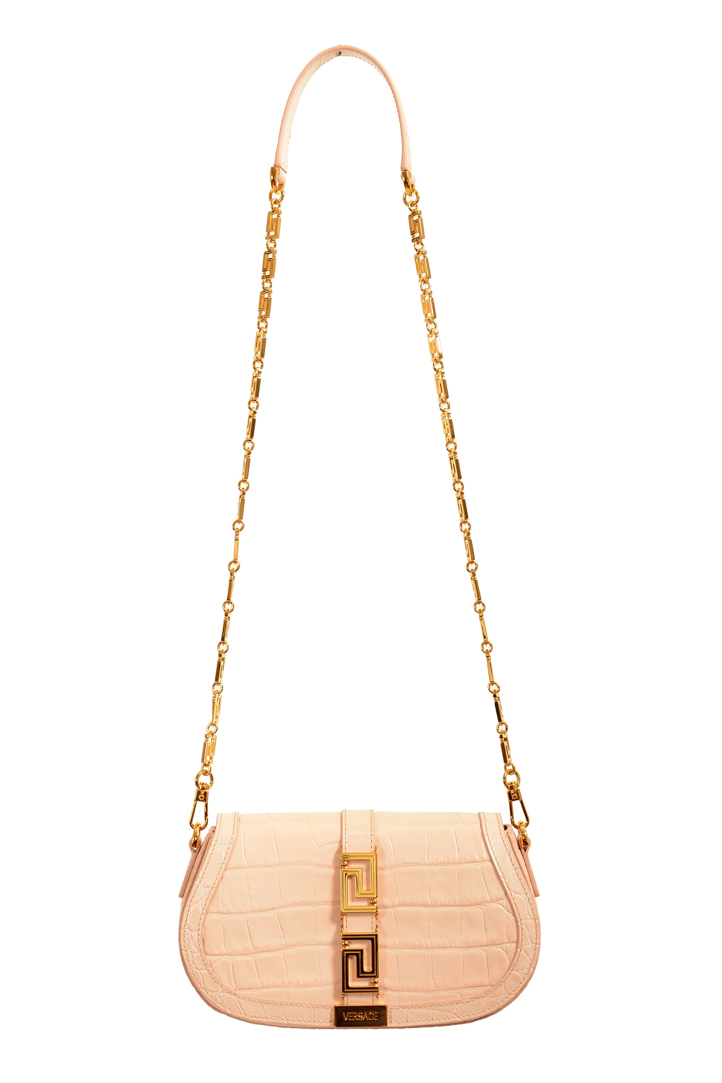 Versace Women's Pink Croc Print Leather Greca Goddess Handbag Shoulder Bag