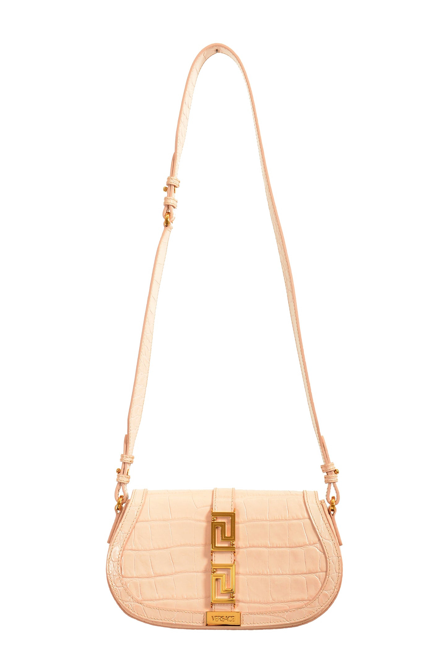 Versace Women's Pink Croc Print Leather Greca Goddess Handbag Shoulder Bag