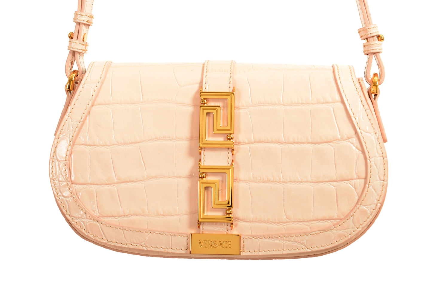 Versace Women's Pink Croc Print Leather Greca Goddess Handbag Shoulder Bag