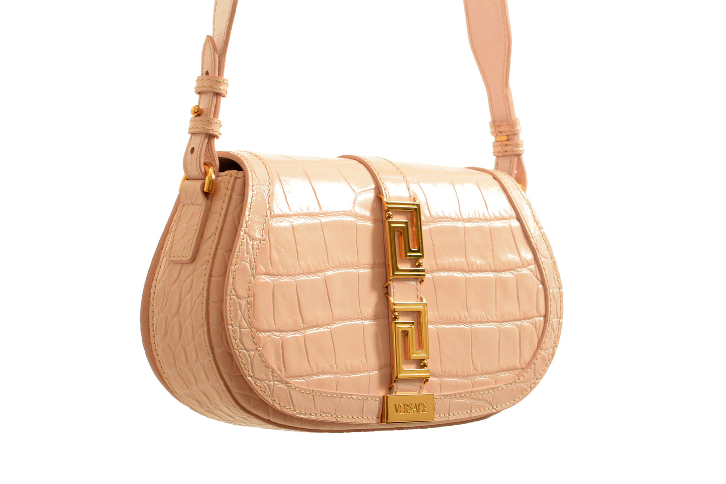 Versace Women's Pink Croc Print Leather Greca Goddess Handbag Shoulder Bag