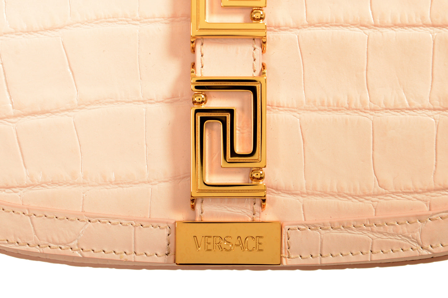Versace Women's Pink Croc Print Leather Greca Goddess Handbag Shoulder Bag