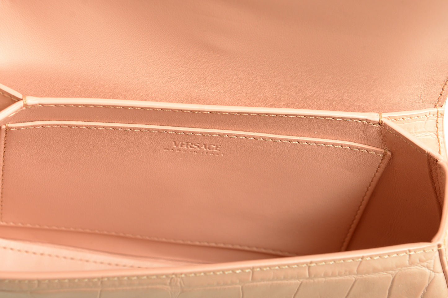 Versace Women's Pink Croc Print Leather Greca Goddess Handbag Shoulder Bag