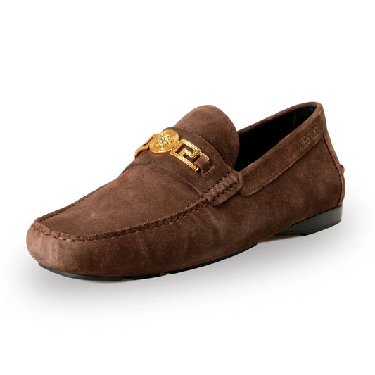 Versace Men's 100% Suede Leather Gold Medusa Car Shoes Loafers Shoes US 10 IT 43