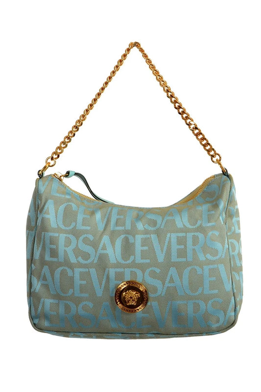 Versace Women's Blue Logo Print Gold Medusa Medium Hobo Handbag Shoulder Bag