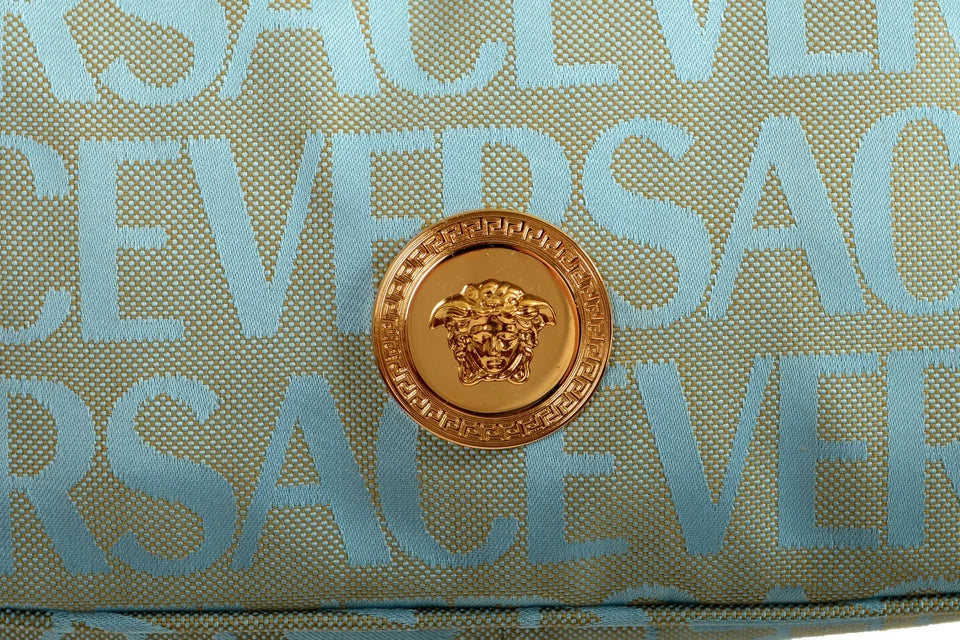 Versace Women's Blue Logo Print Gold Medusa Medium Hobo Handbag Shoulder Bag