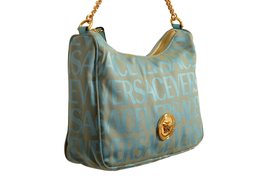 Versace Women's Blue Logo Print Gold Medusa Medium Hobo Handbag Shoulder Bag