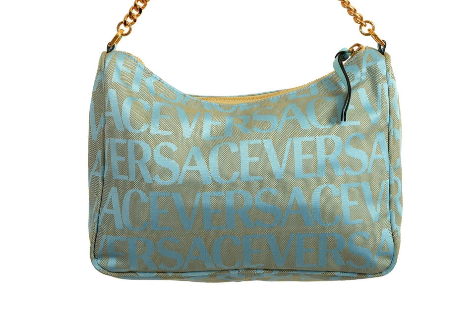Versace Women's Blue Logo Print Gold Medusa Medium Hobo Handbag Shoulder Bag