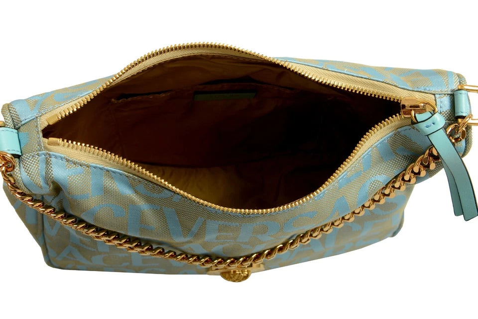 Versace Women's Blue Logo Print Gold Medusa Medium Hobo Handbag Shoulder Bag
