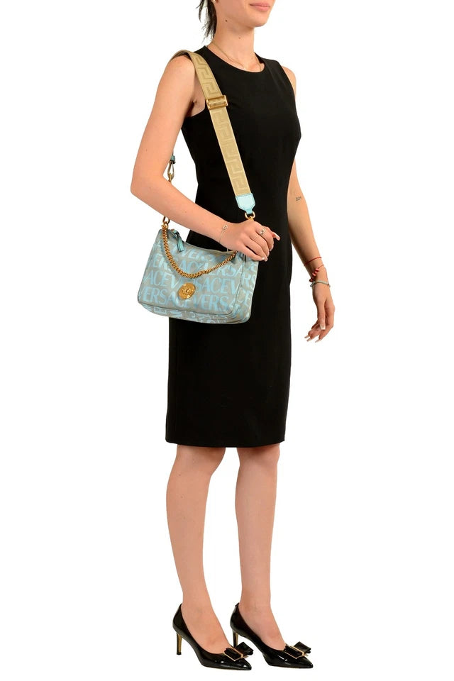 Versace Women's Blue Logo Print Gold Medusa Medium Hobo Handbag Shoulder Bag