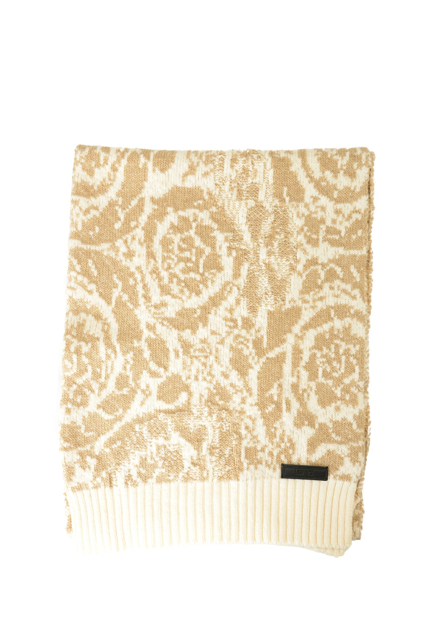 Versace Women's Beige Barocco Print Heavy Knitted 100% Wool Scarf One Size